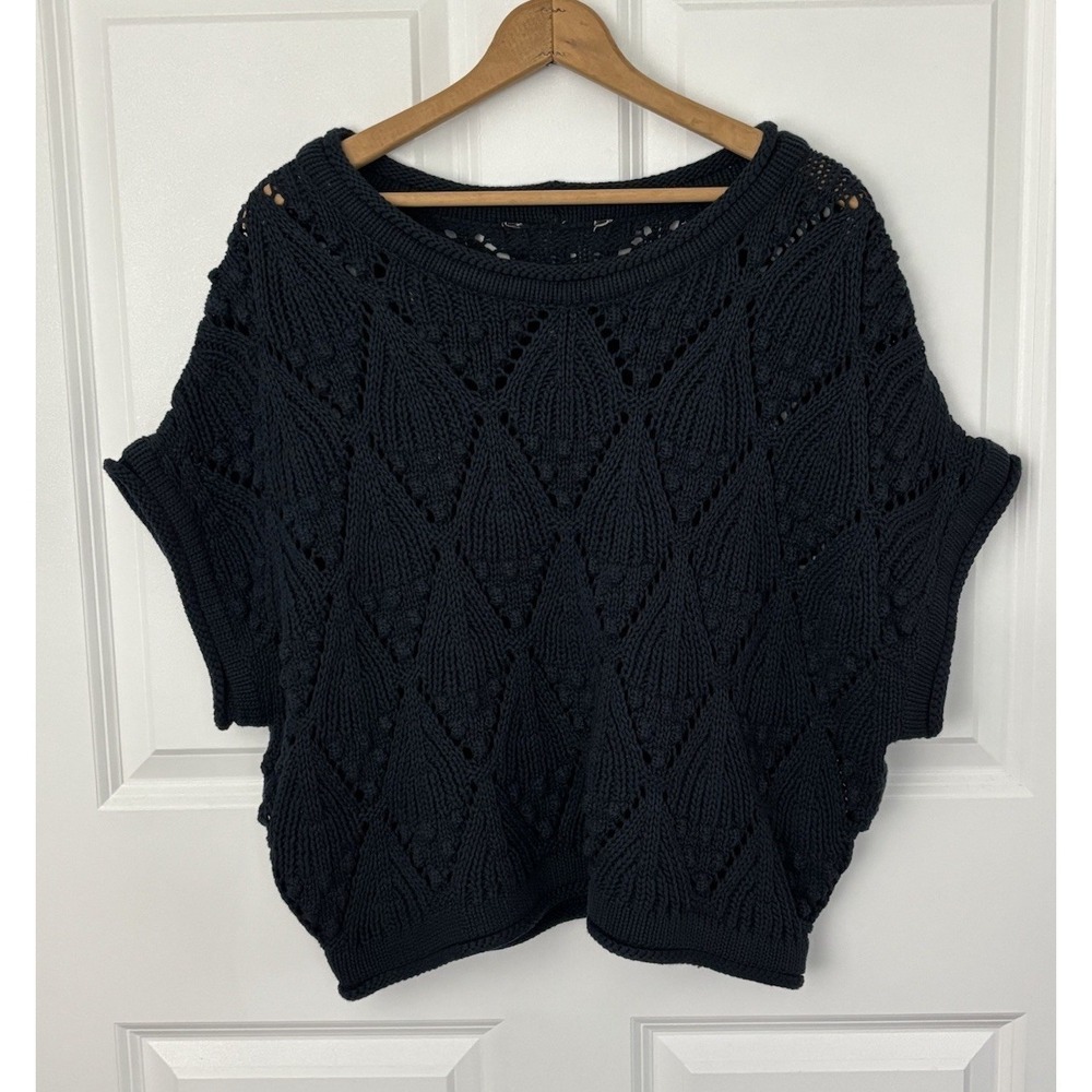 Women's‎ 1X Navy Open Knit Dolman Sleeve Sweater Cotton Blend Boho Crochet 0590